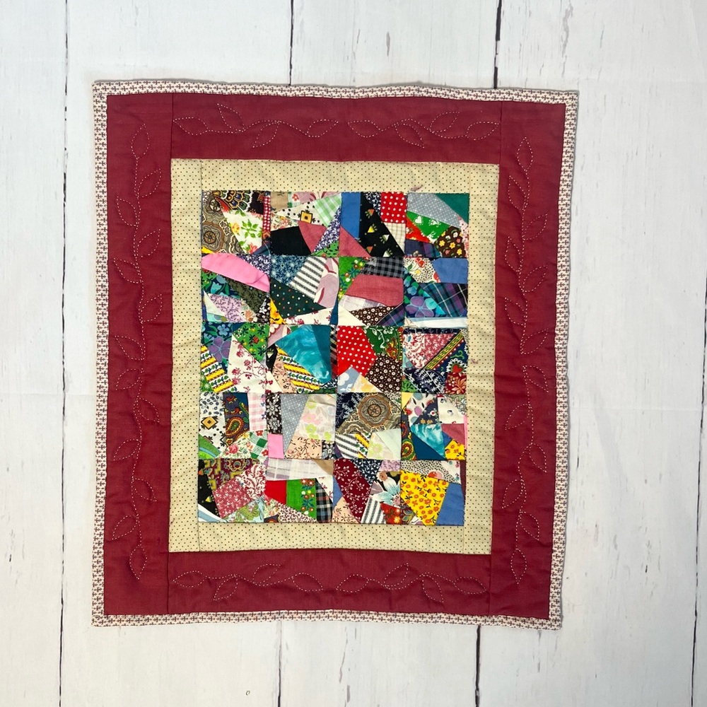 Vintage Handmade Mini Crazy Quilt Wall Hanging Patchwork Table Topper 15.5x14"